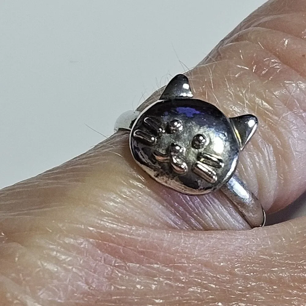 Silver Tone Kitty Cat Whisker Face Adjustable Ring Small